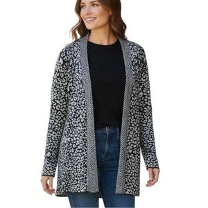 Belldini Black & Gray Mixed Print Cotton Blend Long Line Open Cardigan — Size 1X